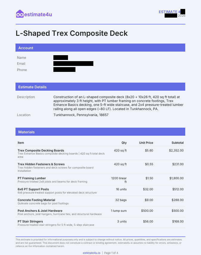 L-Shaped Trex Composite Deck sample estimate preview
