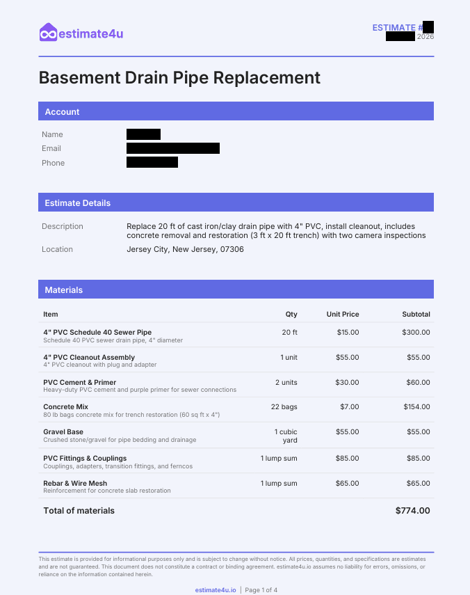 Basement Drain Pipe Replacement sample estimate preview