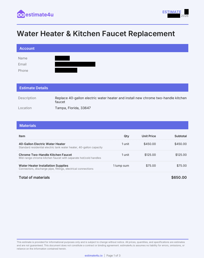 Water Heater & Kitchen Faucet Replacement sample estimate preview